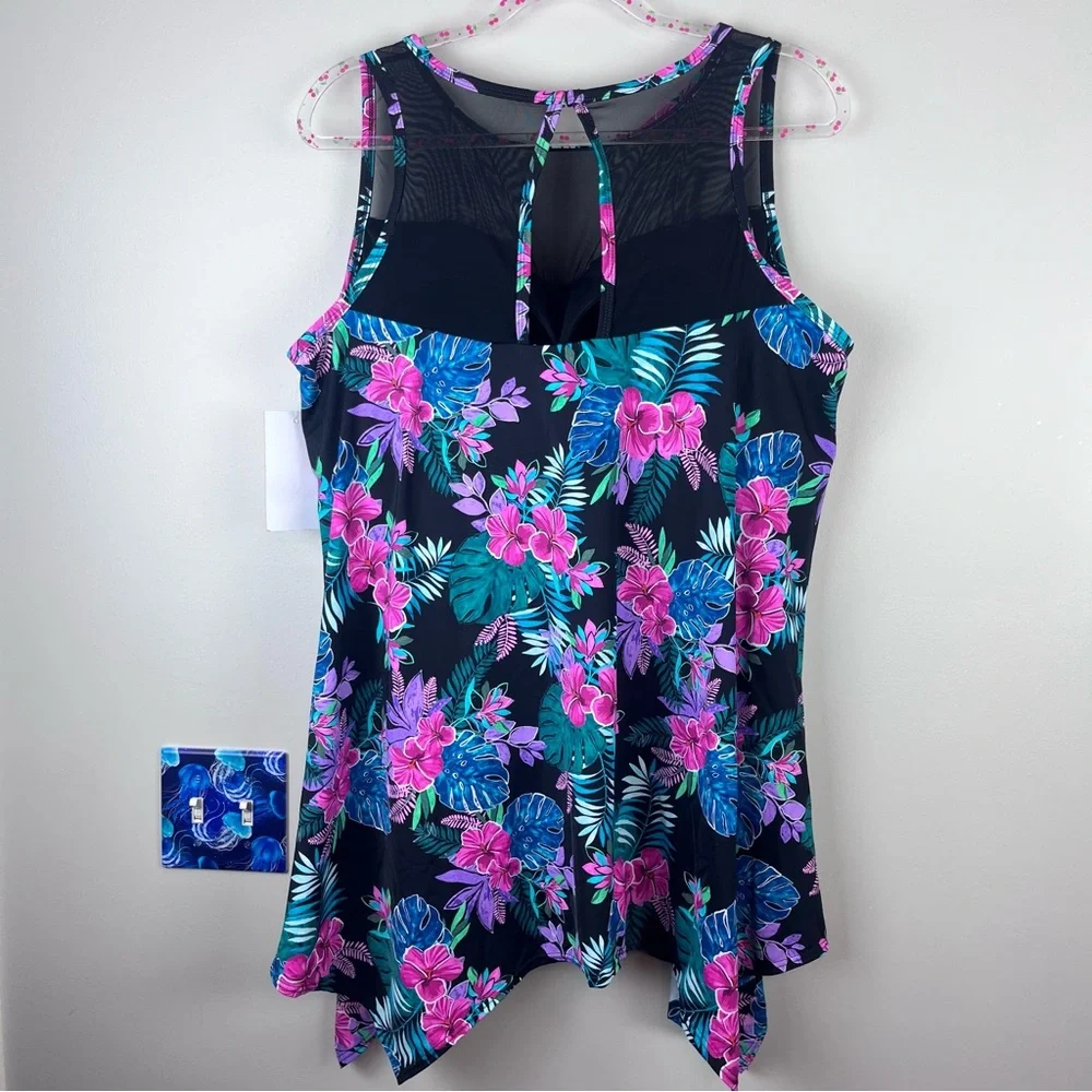 Tropical Floral Mesh-Trim Swim Coverup in Black & Pink